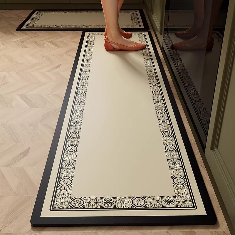 Kitchen Carpet PVC Waterproof Leather Rug Black and White Striped Non-slip Floor Mat Home Decoration Rugs Alfombras De Cocina