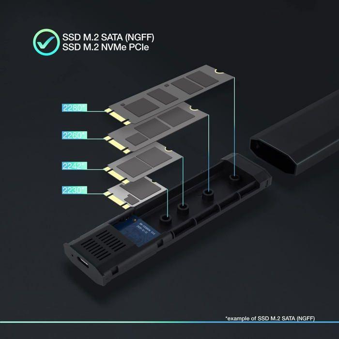 Boitier Externe SSD M.2 - TOOQ - TQE-2223B - USB-C 3.1 Gen2 - Aluminium - Noir