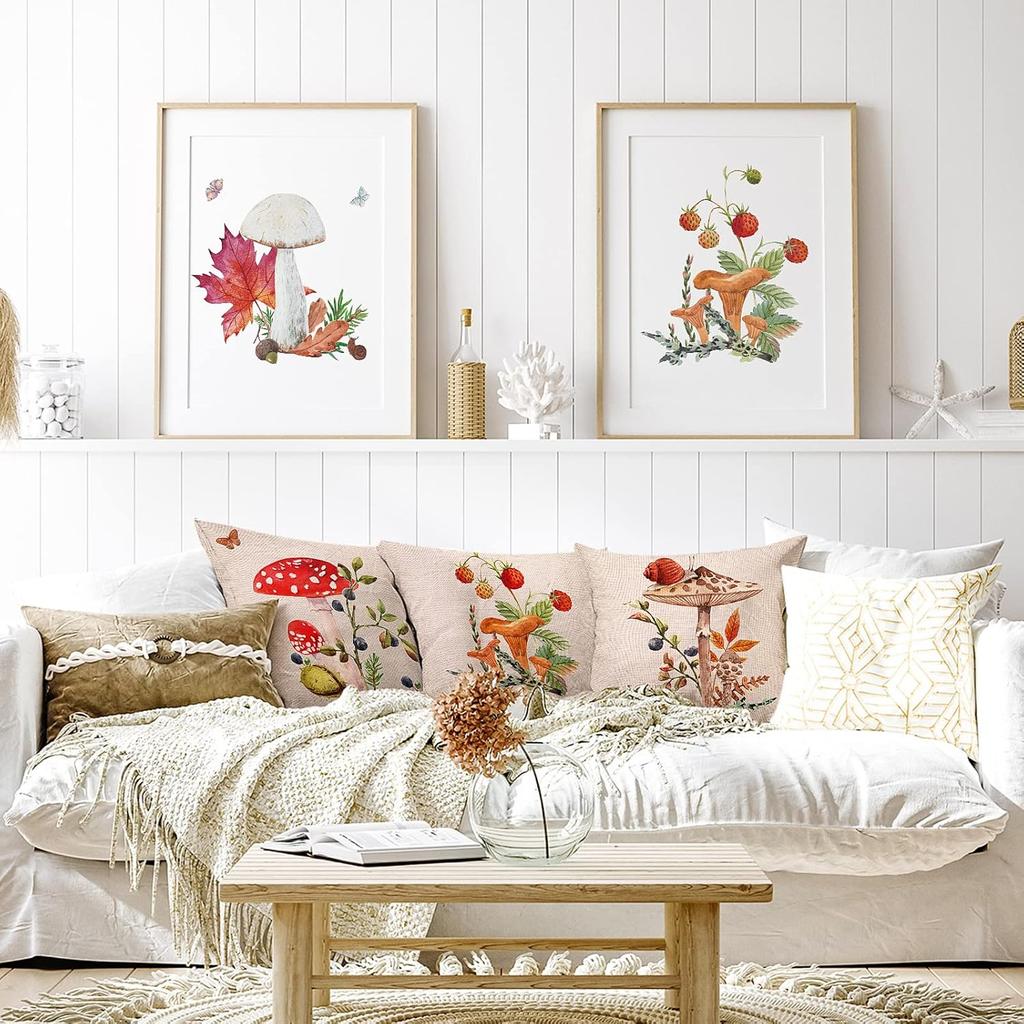 Tudomro 4 Pcs Mushroom Pillow Case 18 x 18 Inch Decorative Square Couch Pillow Cover Cute Cotton Linen Throw Pillowcase for Sofa Living Room Bed