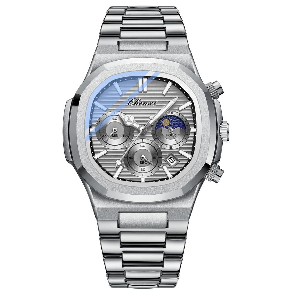 CHENXI Multifunctional Men's Watch True Three Sub-dials Six Hands Calendar Moon Phase Chronograph Octagonal Quartz Watch Reloj