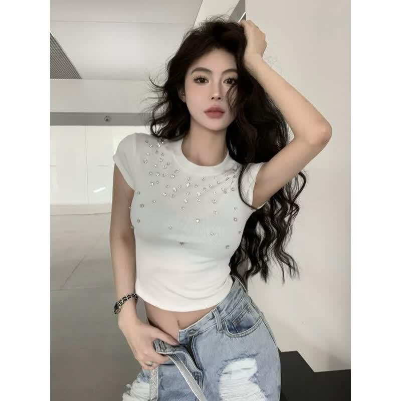 Women s Rhinestone Ribbed Crop Top T-shirt One Size