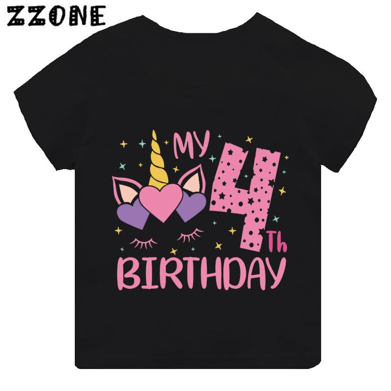 My 1 2 3 4 5 6 7 8 9 Th Years Birthday Unicorn Print Cute Girls Clothes Summer Short Sleeve Kids T Shirt Baby Boys TShirts