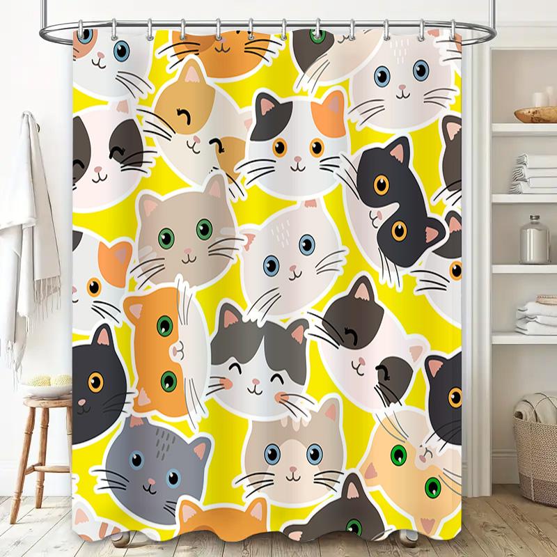 Bright Yellow Shower Curtain With Cat Design Polyester Fabric For Bathroom Decor Modern Home Decoration Gift Idea Multicolored W