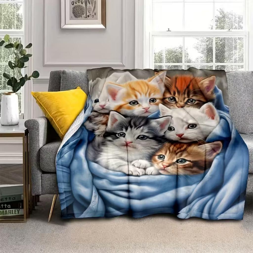 1pc Black Blanket Lovely Cat Printed for Home Living Room Bedroom Decoration New Year Christmas Gift Birthday Gift