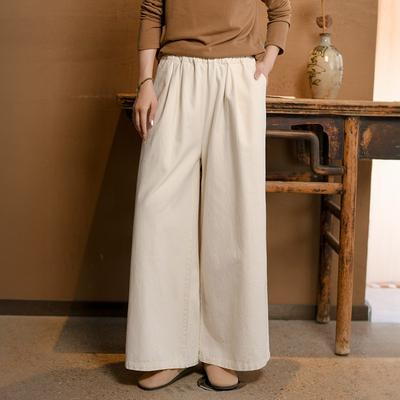 Women Vintage Straight Pants Solid Color Elastic Waist Autumn Trousers Pockets Loose Casual Pants