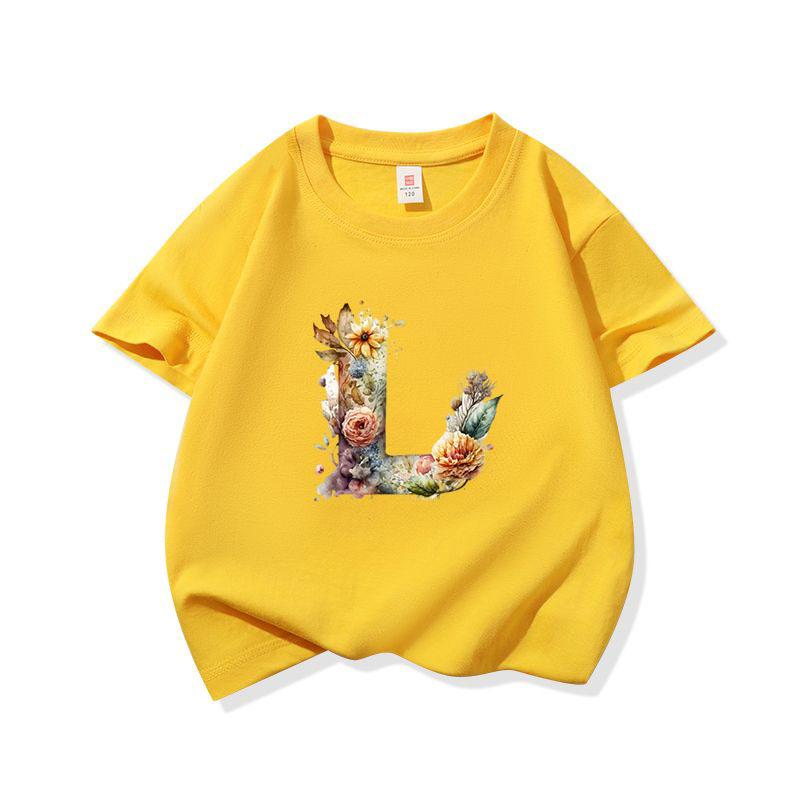 Kids Cotton T Shirt Floral Letter L Print Crew Neck Short Sleeve Tee Casual Boys Girls Summer Tops