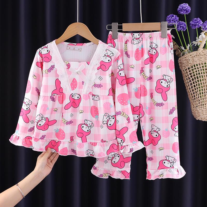 Kids' and Women's Spring Autumn Cartoon Pajama Set - Long Sleeve, Long Pants, KPOP Square Neck Homewear for Middle Large Child Girls