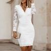 Bodycon Dress V-neck Lace Long Sleeves Hollow-out Slim Fit Solid Color Elegant