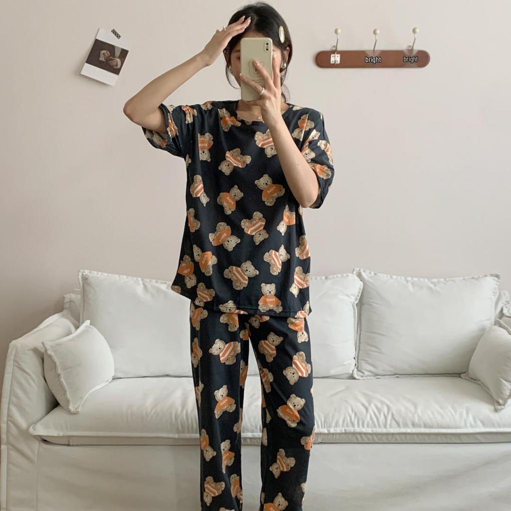 Damen Sommer Cartoon Pyjama Set - Rundhals, Kurzarm, Leichte Hose für Frühling & Herbst