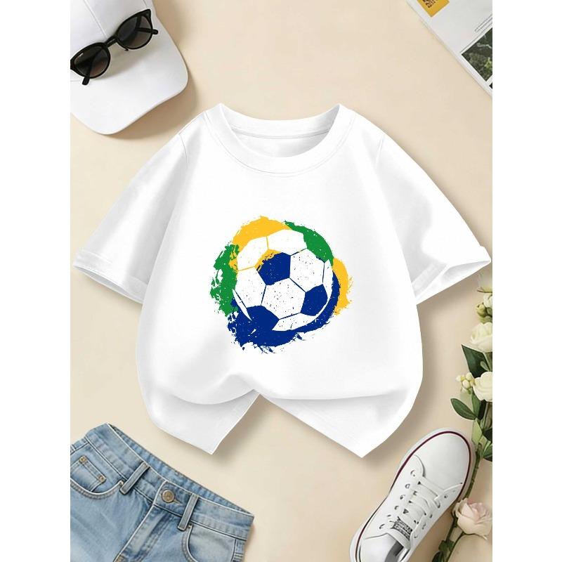 Kids Short Sleeve Crewneck T-Shirt, Football Print Fashion Casual Summer Kids Tops 110