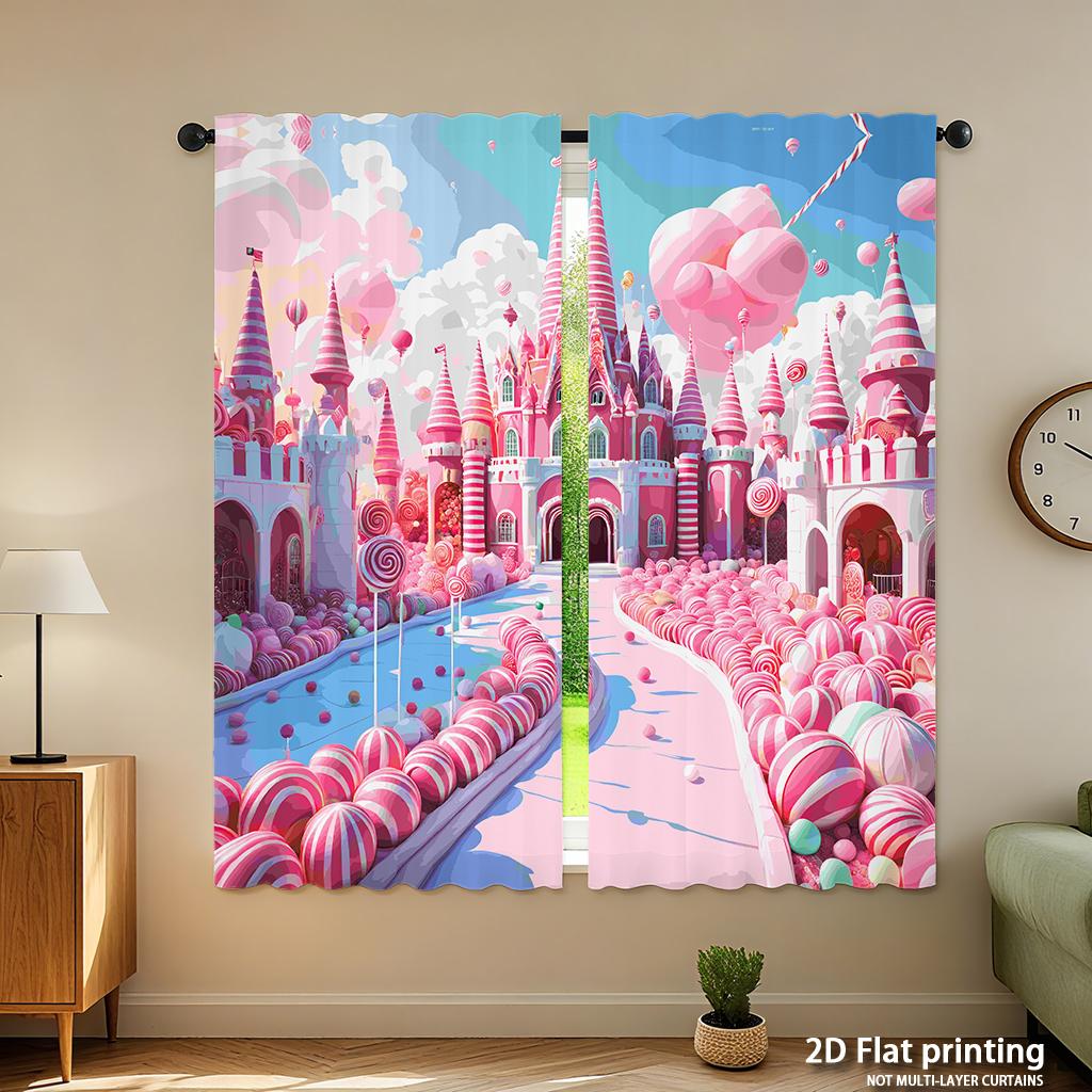 Piece Set High Definition Digital Printed Curtainspink Candy Castle Fantasy Colorful Cartoon Stylehome Decoration Style Curtains Made Of Polyester