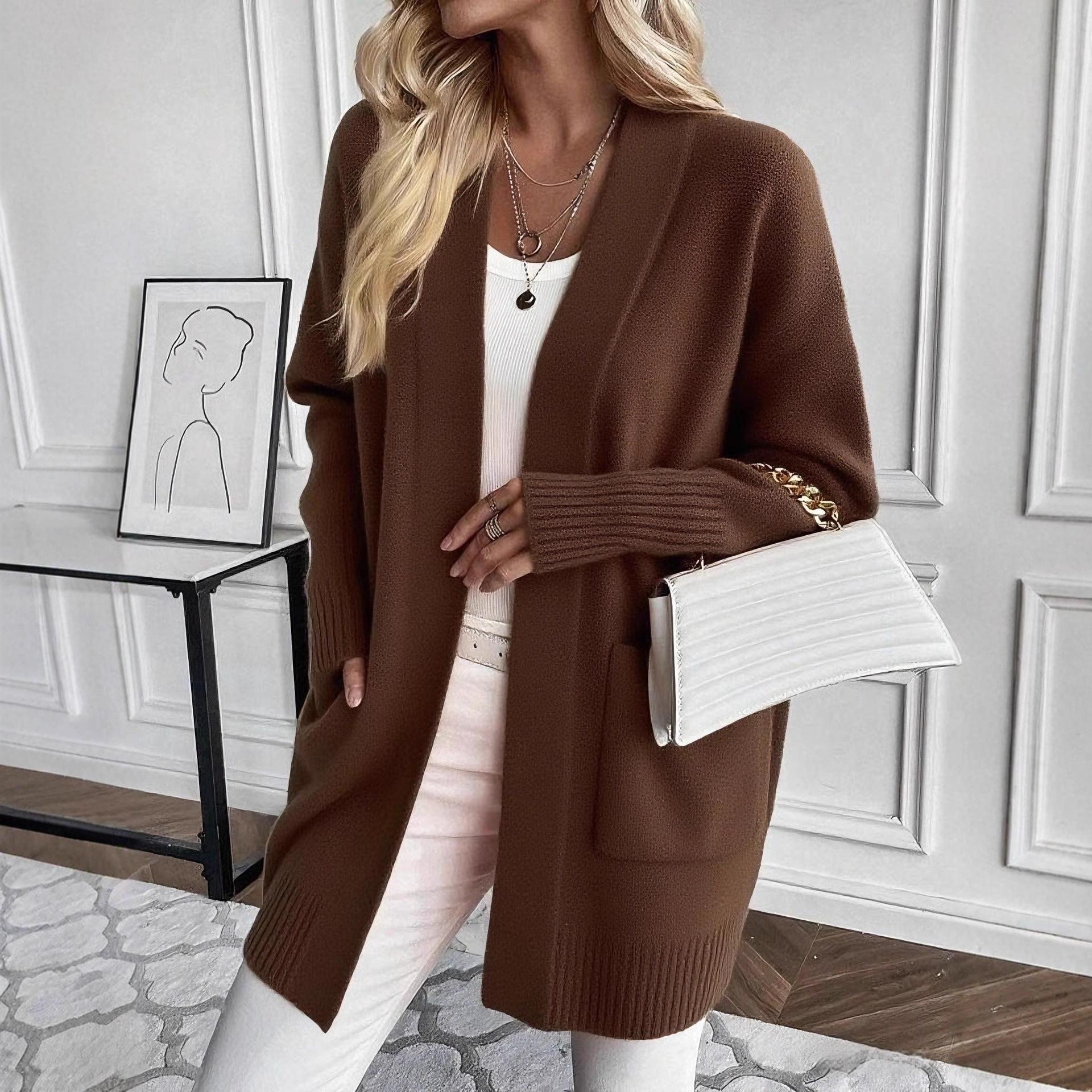 QINQING Dames Oversized V-hals Lange Mouwen Gebreide Vest Effen Kleur Losse Pasvorm Open Voorkant Jas XL donkerbruine kleur