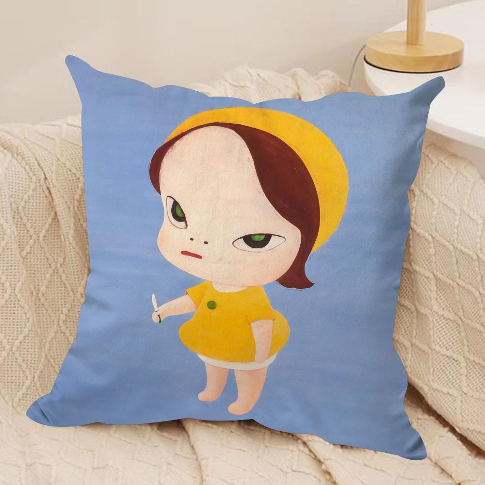 YYoshitomo Nara DDoll Cushion Cover Soft Plush Fabric DoubleSided Printed Sofa Cushion Cover for All Seasons Home Decor Gift