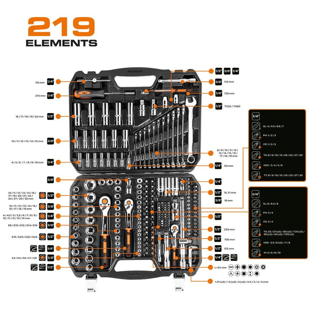 Socket Wrench Set 1/2'', 3/8'', 1/4'' 219 Pieces - T N10-076
