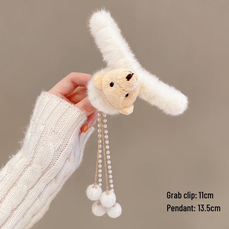 Korean Style Plush Bow Hair Clip with Tassel - Autumn/Winter Women's Hair Accessory