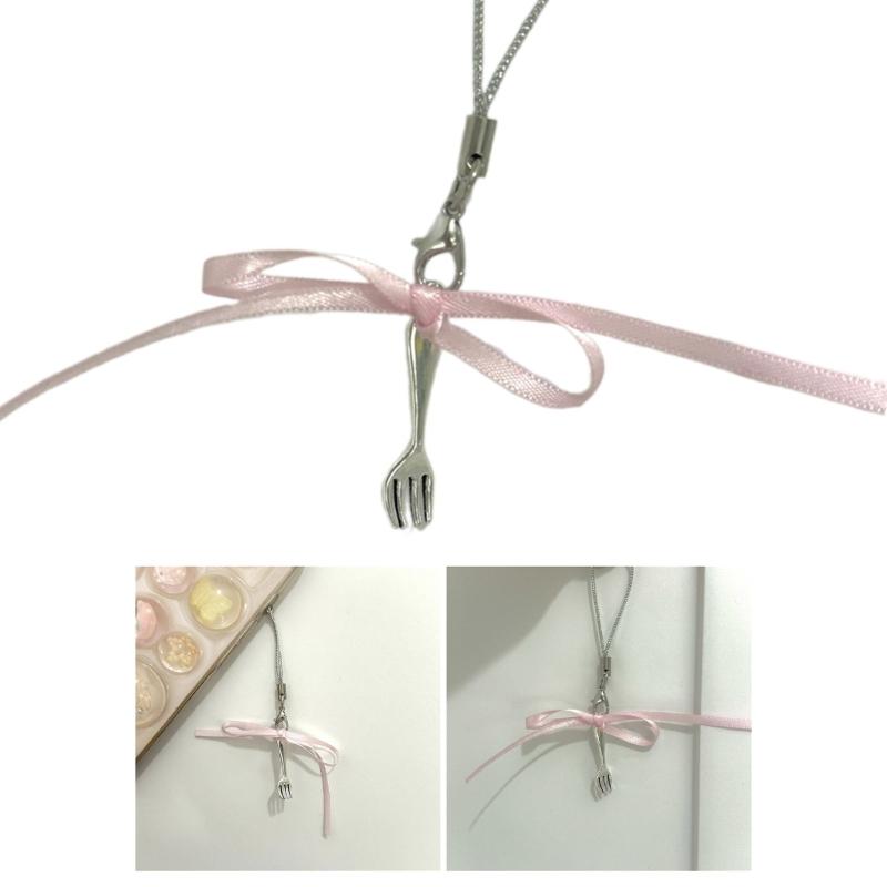 Ribbon Bowknot Phone Strap Fork Pendant Phone Chain Detachable Bows Phone Lanyard Keychain for Bag Backpack Kerying Gift