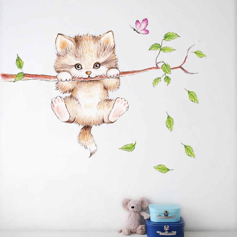 Lovely Kitten on Tree Branch Αυτοκόλλητα τοίχου Σπίτι Diy Cartoon Cat Animals Τοιχογραφία Παιδικό Δωμάτιο PVC Αυτοκόλλητα