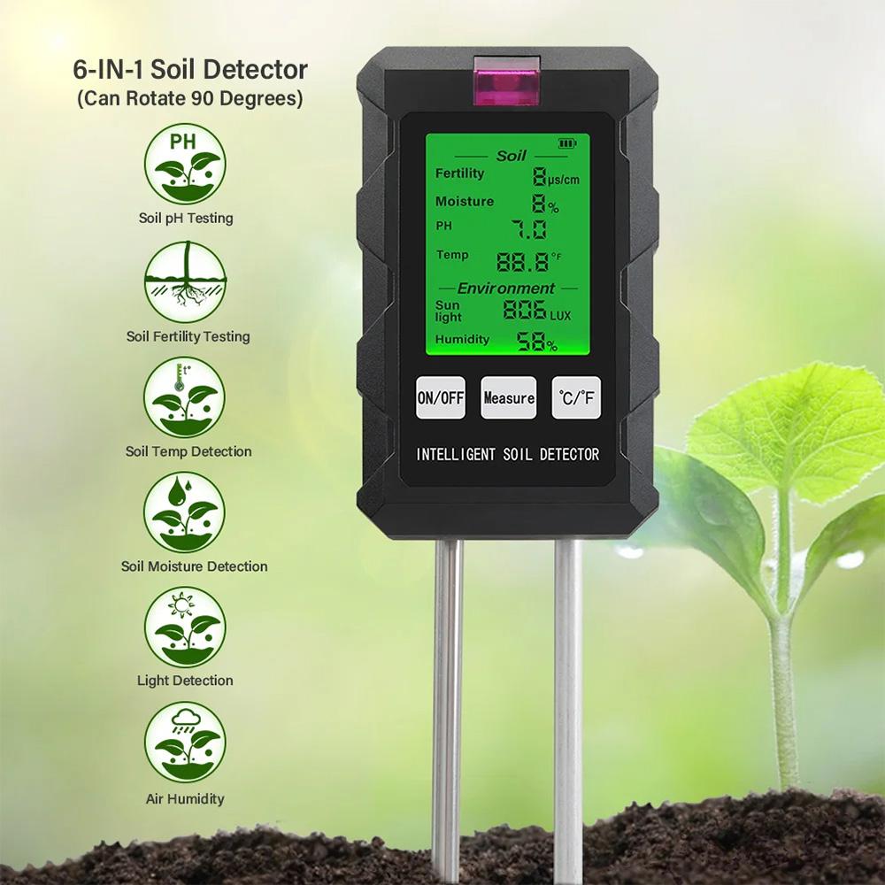 6-in-1 Intelligent Soil Tester with Dual Probe Digital Backlit Display Screen Temperature Humidity