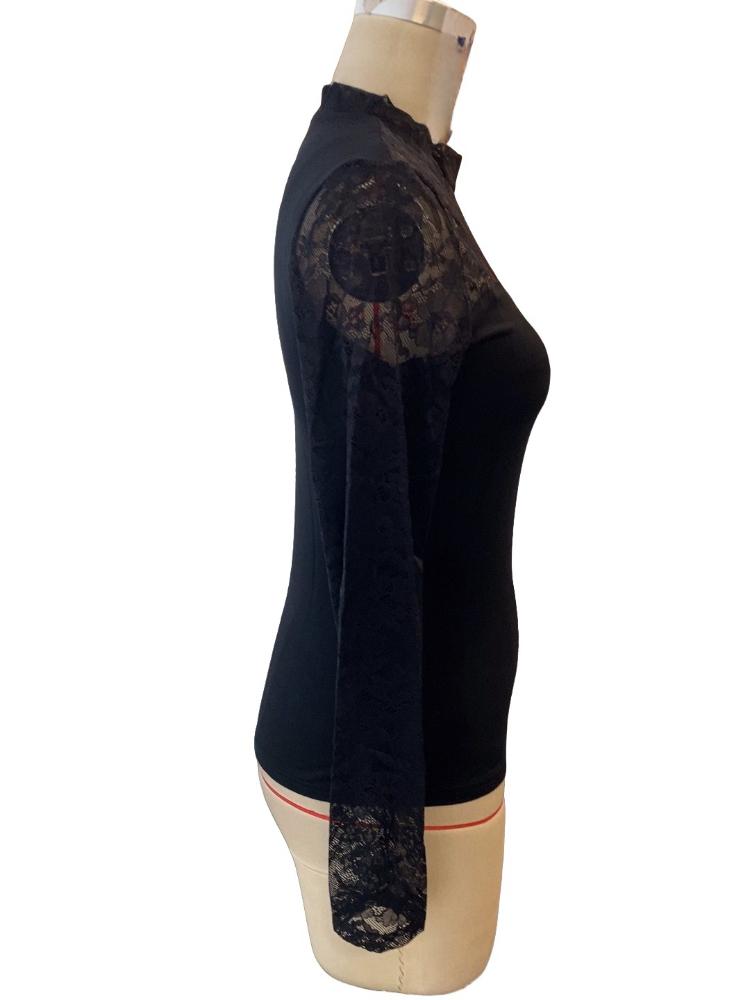 French New Elegant Lace Stitching Tops Women High Street Vinateg Long Sleeves Slim Pullover Fashion Design Stand Up Collar Casual T-shirts