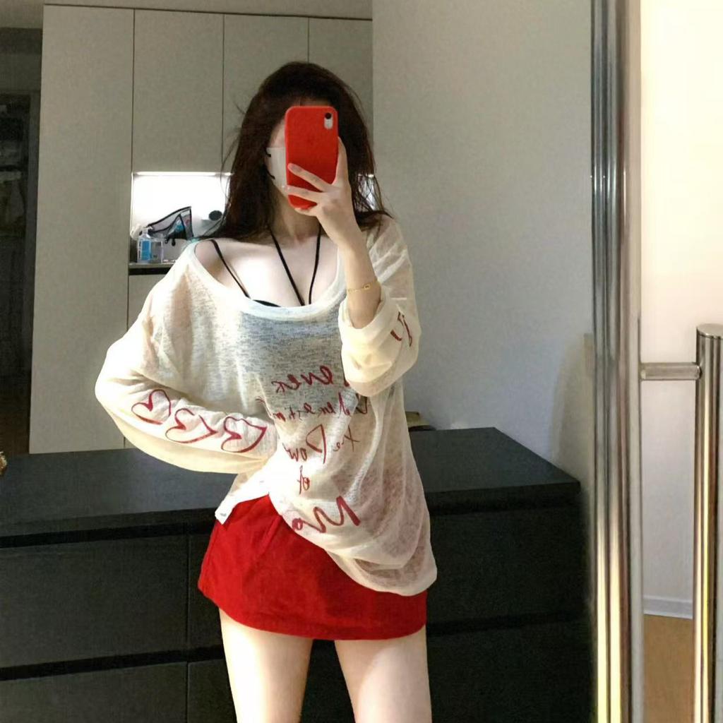 Korean Thin Sunscreen Blouse Women's Summer New Long-sleeved T-shirt Spice Girl Loose and Unique Off-shoulder Slanted Shoulder Top