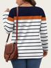 Plus Size Color Block Stripe Loose Casual Long Sleeve Top with Half-Zip Round Neck for Women.