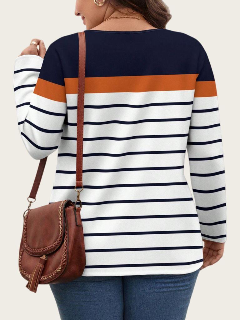 Plus Size Color Block Stripe Loose Casual Long Sleeve Top with Half-Zip Round Neck for Women.