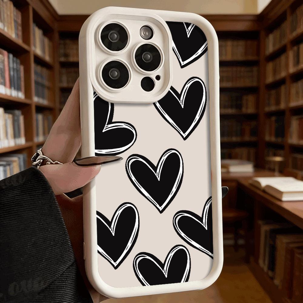 Black Brushstroke Hearts Soft TPU Phone Case for iPhone 17 16 15 14 13 12 11 Pro Max Plus Shockproof Anti-Slip Cover