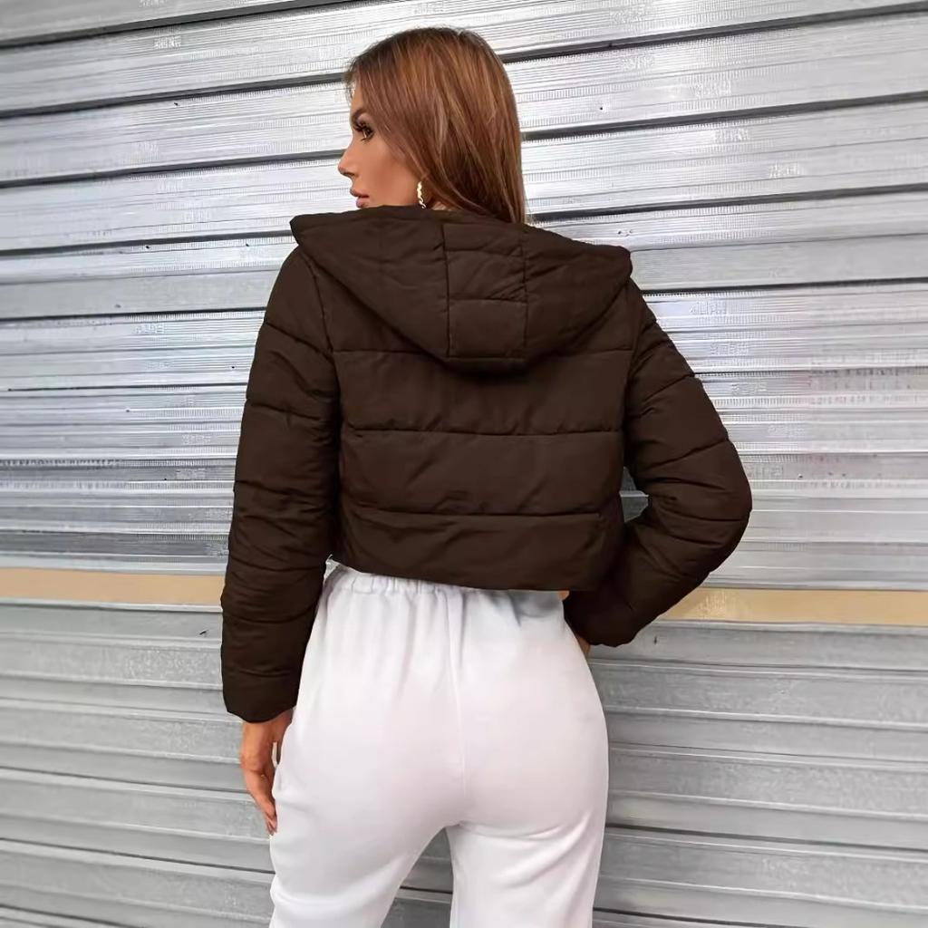 Winter Women's Fashion Hooded Short Puffer Jacket French Style Streetwear Cropped Padded Coat