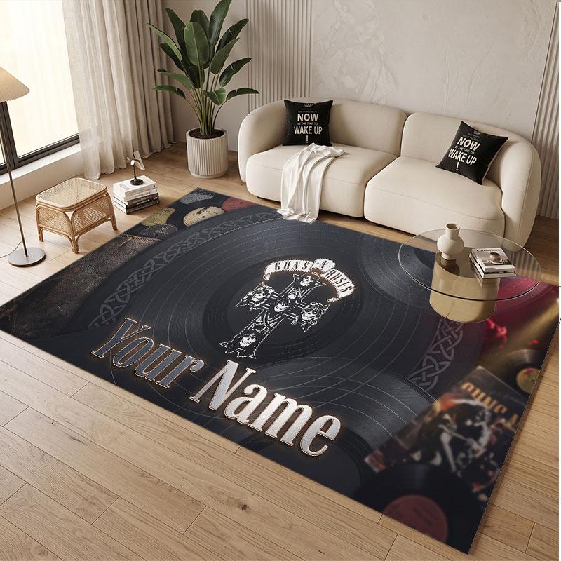 Custom Rug Guns N’ Roses Pattern Print Name Text Soft Non‑Slip Floor Carpet for Home Indoor Decoration