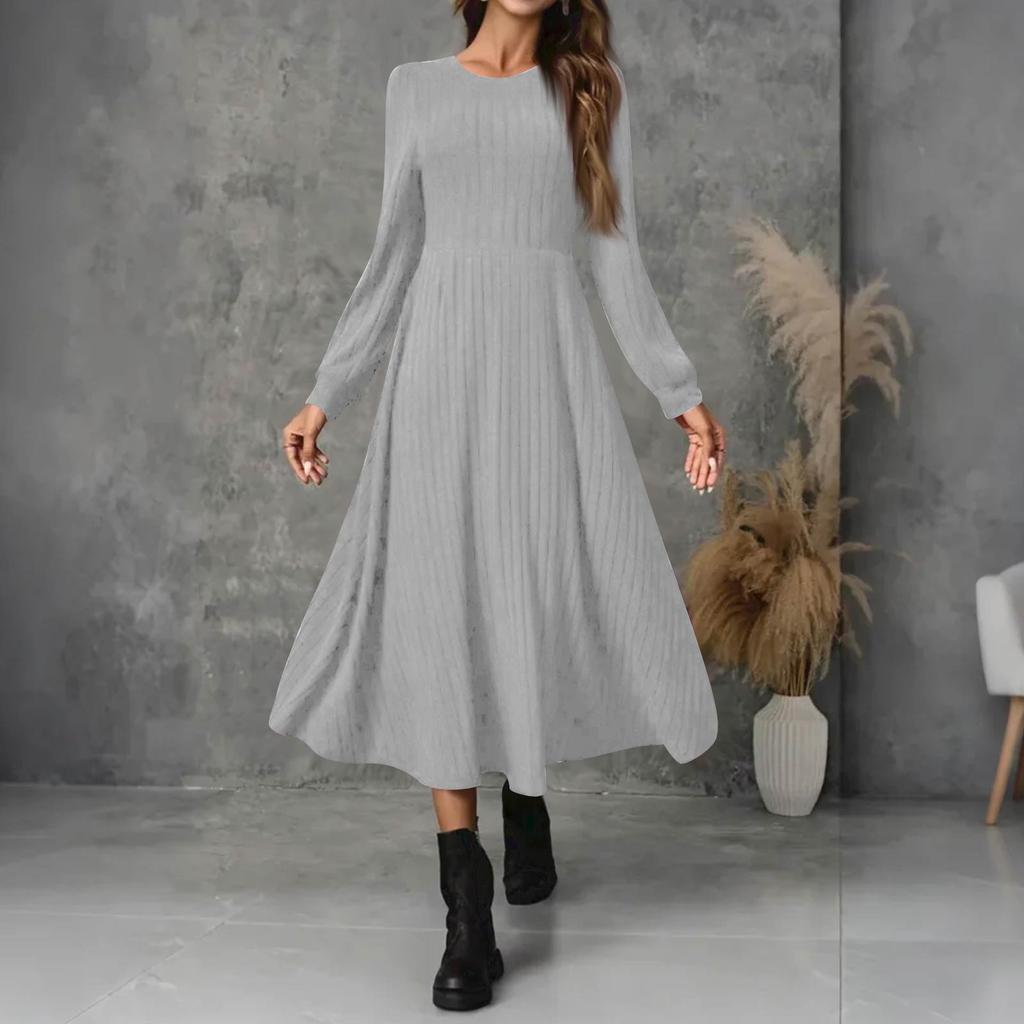 Dámské módní maxi šaty s kulatým výstřihem, dlouhým rukávem, jednobarevné, ležérní, s žebrovaným lemem a třásněmi