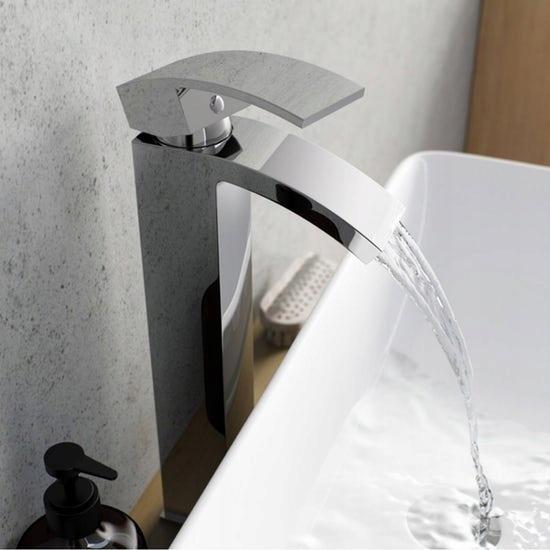 Bathroom washbasin tap, chrome, tall, standing, countertop, silver