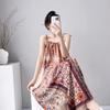 Cotton silk summer bohemian print suspender dress women's ethnic style retro loose medium and long vacation dress