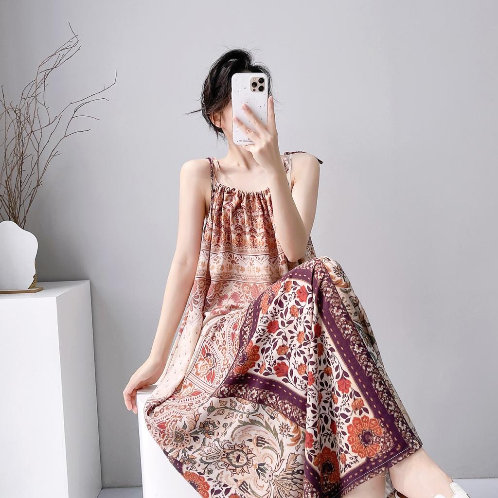 Cotton silk summer bohemian print suspender dress women's ethnic style retro loose medium and long vacation dress