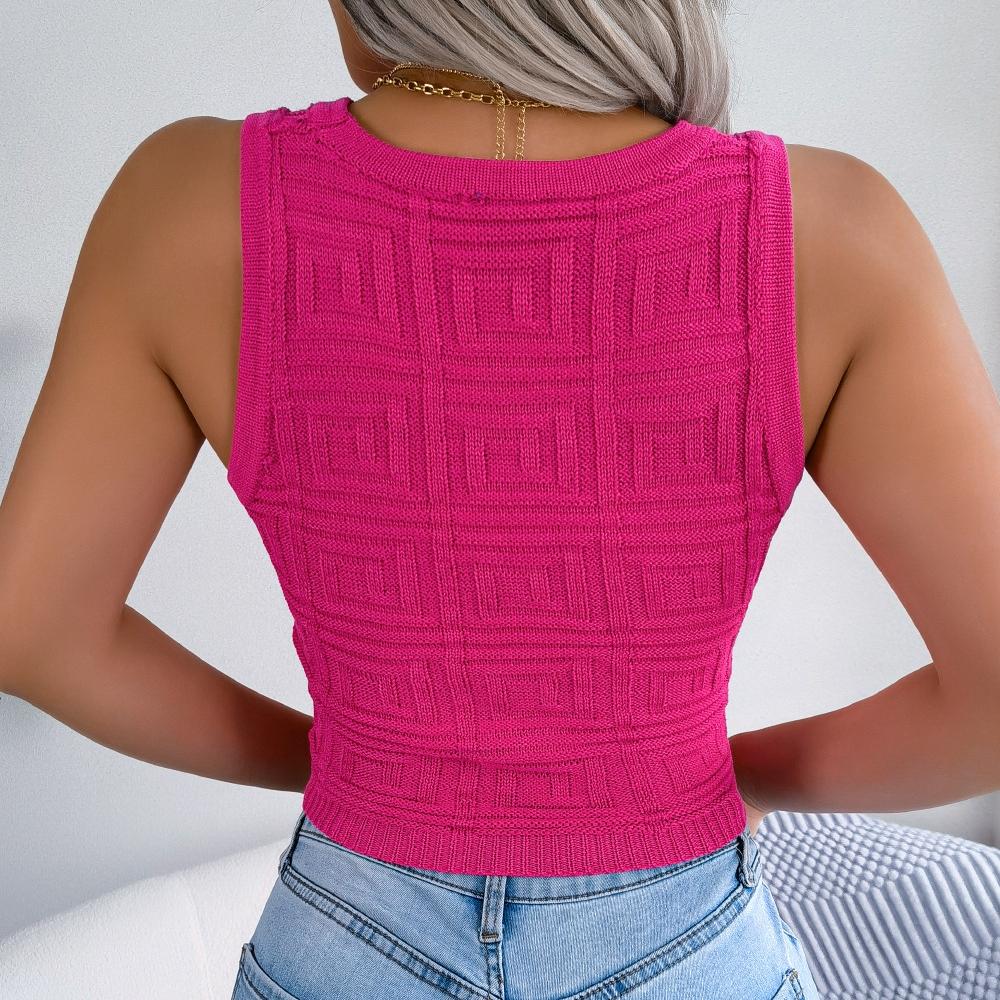 GMXIA Damenmode Casual Einfarbig Frühling Sommer Ärmellos Rundhals Schlank Sexy Cutout Top Crop Knit