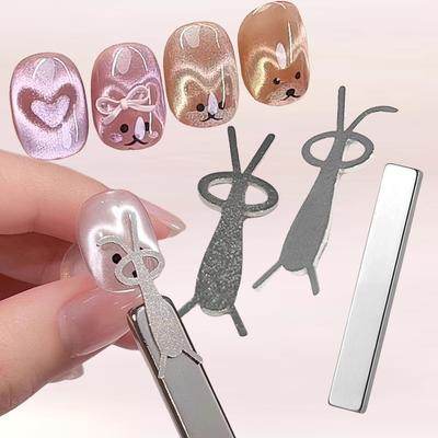 3er Set Niedliches Kaninchenförmiges Katzenaugen-Magnet Faltöhrchen Häschen Katze Bär Muster Nagelmagnete für DIY Gelpolitur Magnetische Werkzeuge