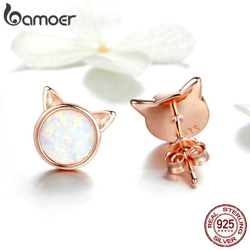 BAMOER New Arrival 925 Sterling Silver Cute Cat Ears Big Stone Small Stud Earrings for Women Fashion Earrings Jewelry