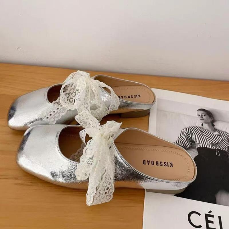 Square head retro lace Mary Jane shoes new shallow mouth single shoes college style bag head flat bottom slippers women