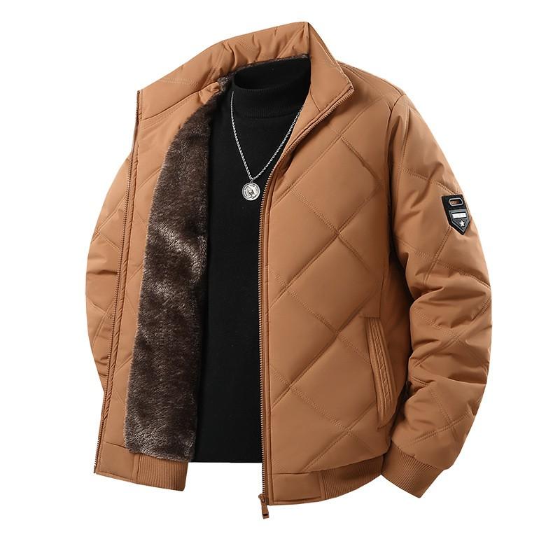 2026 Mens Fleece Lined Padded Jacket Stand Collar Loose Fit Winter Warm Coat Middle-aged