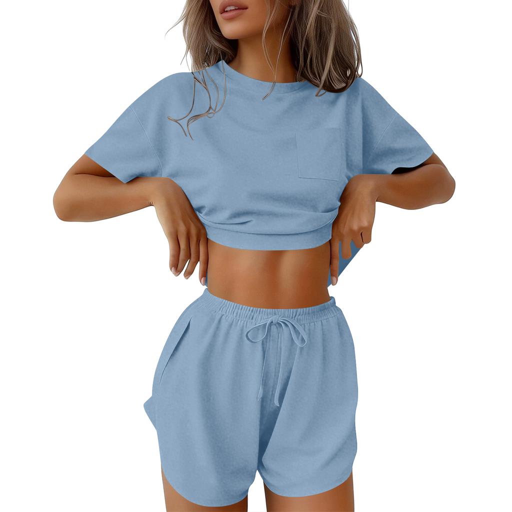 Women's Pajama Set Short Sleeve Striped Printed Two-piece Loungewear  Neck Pajamas Split Shorts Set Soft Sleepwear