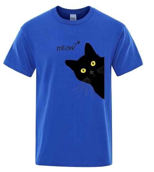 Meow Black Cat Funny Cotton Printed Unisexs and Womens Personalized Tshirt New Fashionable Loose Casual Round Neck Tshirt