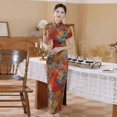 Elegantná Qipao Smooth Slim Fit Hip Wrap Fabulous Vintage Kvetinová potlač Qipao v čínskom štýle Qipao na párty