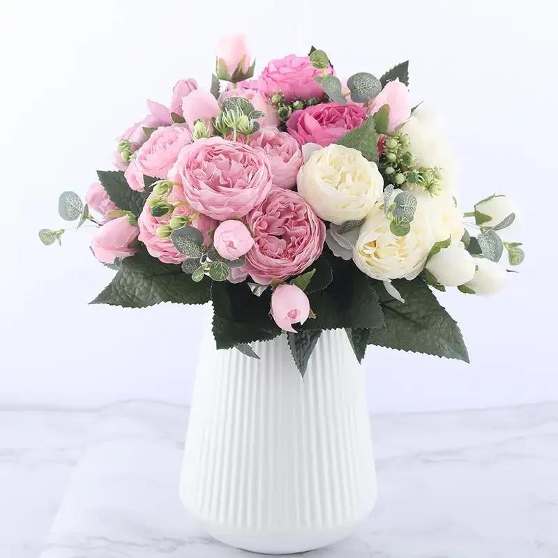 30cm Rose Pink Silk Peony Artificial Flowers Bouquet 5 Big Head Cheap Fake Wedding Decorate