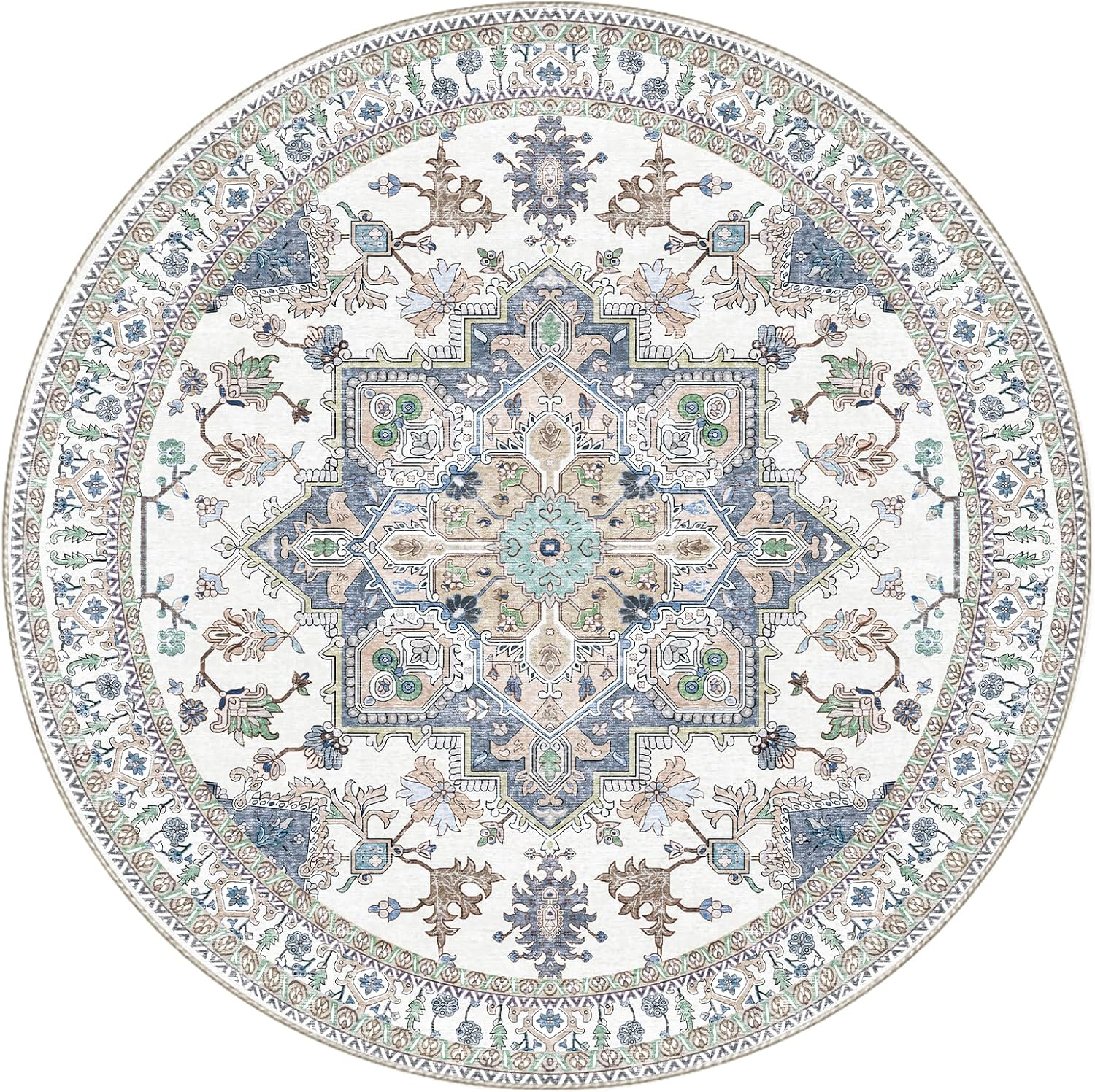 

Круглий Білий Синій Бежевий Квітковий Геометричний Килим - Вінтажний Килим для Вітальні та Спальні Домашній Декор Килим 120x120cm