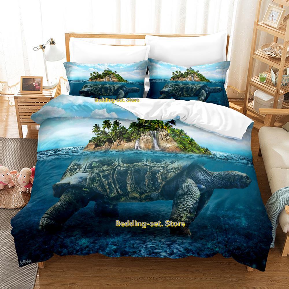 New World Turtles Schildkröteninsel Bettwäsche-Set Cartoon Anime dreiteiliges Set Erwachsener Kind Schlafzimmer Bettdecken-Sets 3D Kawaii Tier