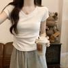 Versatile V-neck design sense waist thin short-sleeved cotton T-shirt women's summer temperament short irregular inner shoulder top