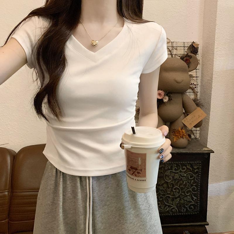 Versatile V-neck design sense waist thin short-sleeved cotton T-shirt women's summer temperament short irregular inner shoulder top