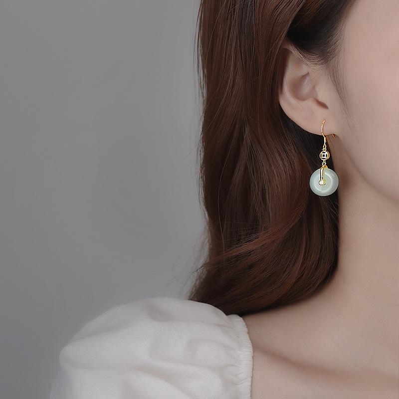 Chinese Style Safety Buckle Hetian Jade Earrings Women'S 2022 Trendy Design Sense Advanced Sense Stud Earrings Ear Hook