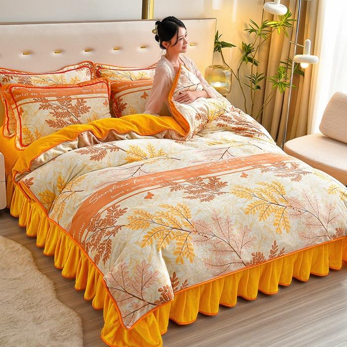 Thickened Milk Fleece Four-Piece Coral Fleece Quilt Cover, Bed Sheet Fleece Double-Sided Fleece Flannel Bedding, Bed Skirt