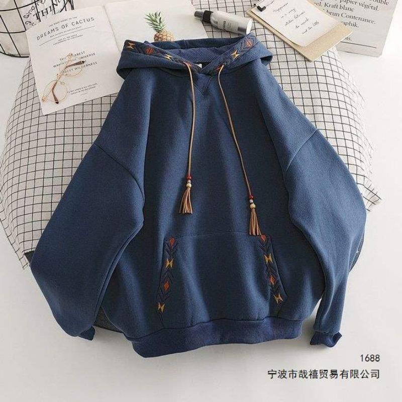 Fleece Embroidered Sweater Women's Autumn and Winter Niche Design Sense Hooded Jacket E Loose Thickened Top
