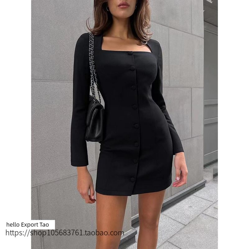 Fashion Wind Padded Shoulder Square Collar Dress Sexy Hip Skirt Square Neck Shoulder Pad Dress